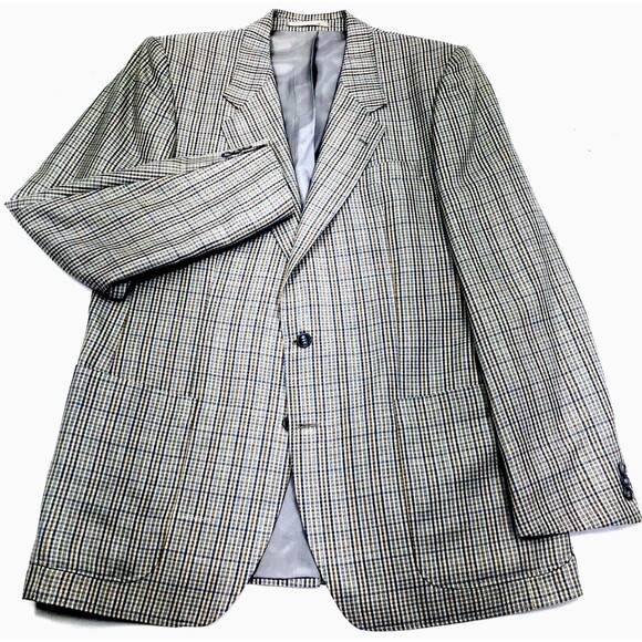 Konen Munchen Linen Sport Coat Plaid Blue Gray 40 42 Mens Preppy Academia Y2K - Picture 1 of 13